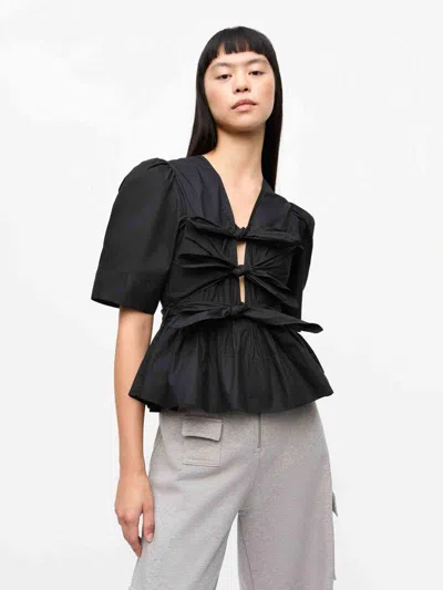Ganni Poplin Front-tie Peplum Blouse With Puffed-sleeves