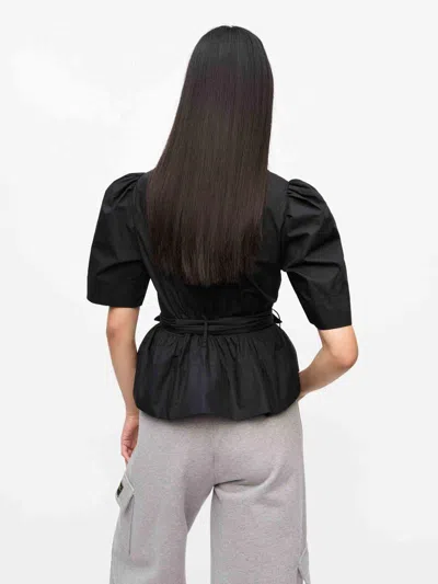 Ganni Poplin Front-tie Peplum Blouse With Puffed-sleeves