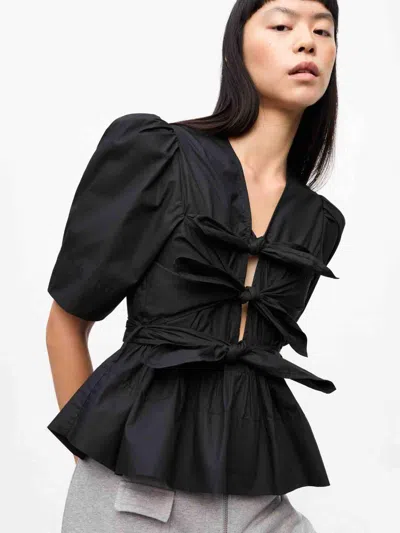 Ganni Poplin Front-tie Peplum Blouse With Puffed-sleeves