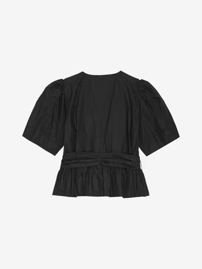 Ganni Poplin Front-tie Peplum Blouse With Puffed-sleeves