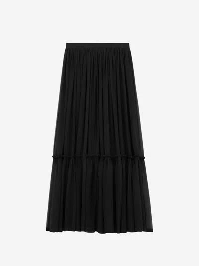 Saint Laurent Flounced Skirt In Silk Crepe Muslin In Black