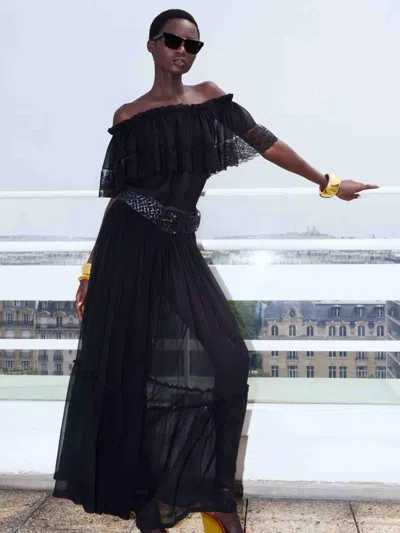 Saint Laurent Flounced Skirt In Silk Crepe Muslin In Black