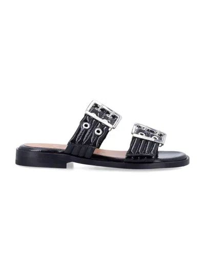 Ganni Buckled Eyelet-embellished Recycled Faux Patent-leather Sandals