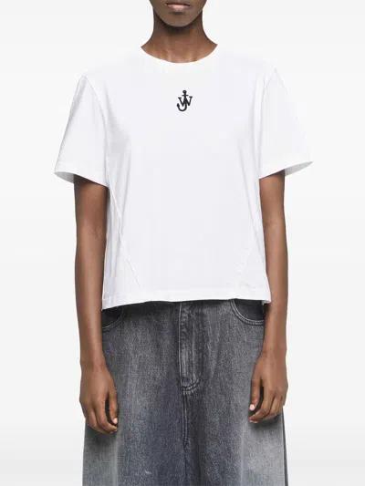 Jw Anderson Mens White Anchor-embroidery Crop Cotton-jersey T-shirt In White