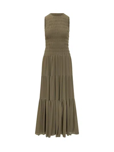 Michael Kors Olive Green Long Dress With Shirred Effect