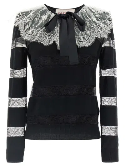 Valentino Bow-embellished Striped Lace-trimmed Wool Sweater