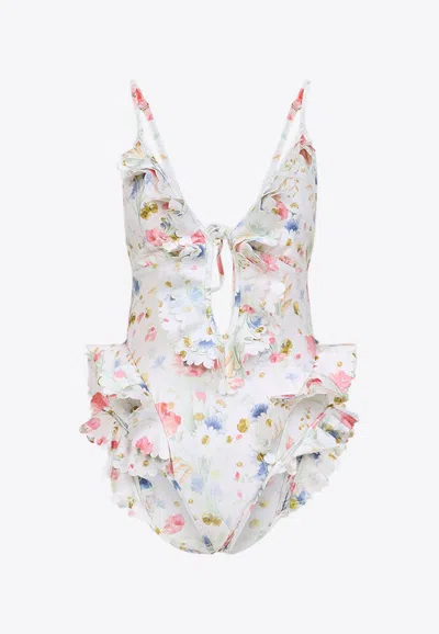 Zimmermann Multicolour Floral Swimsuit With Ruffled Edges And Adjustable Ties In Multi