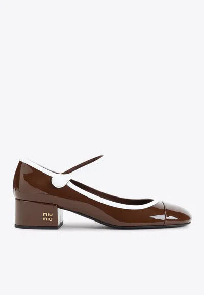 Miu Miu Bicolor Patent Leather Block-heel Mary Jane Pumps In Brown