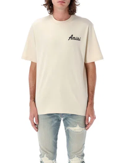 Amiri City Beige Crewneck T-shirt With Logo Detail On The Front And Maxi Logo Print On The Rear In Cotton  In Neutral