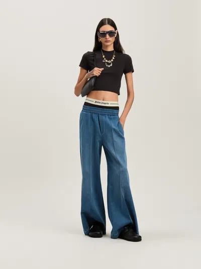 Palm Angels Cropped Black And White Logo T-shirt In Brown