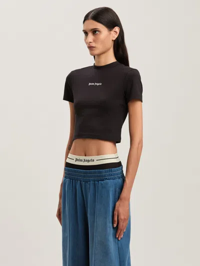 Palm Angels Cropped Black And White Logo T-shirt In Brown