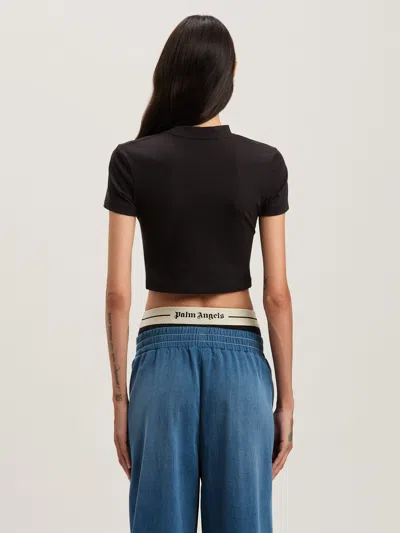 Palm Angels Cropped Black And White Logo T-shirt In Brown