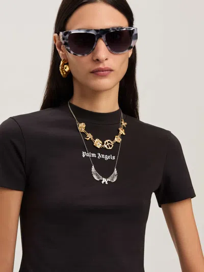 Palm Angels Cropped Black And White Logo T-shirt In Brown