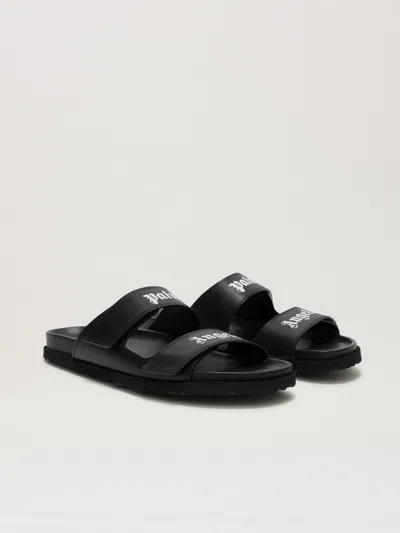 Palm Angels Leather Slides With Logo In Black