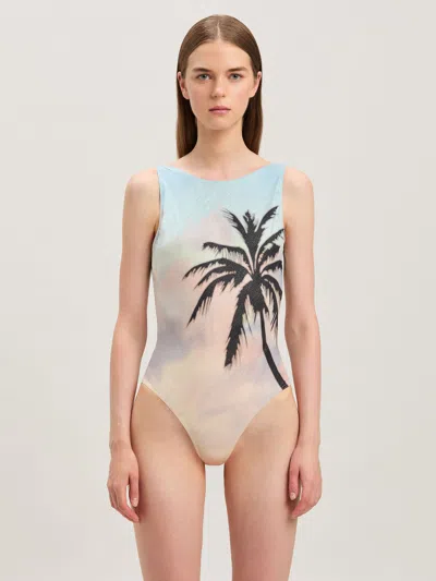 Palm Angels Sunrise Palm Print One-piece Swimsuit In Multicolor - Black