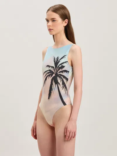 Palm Angels Sunrise Palm Print One-piece Swimsuit In Multicolor - Black