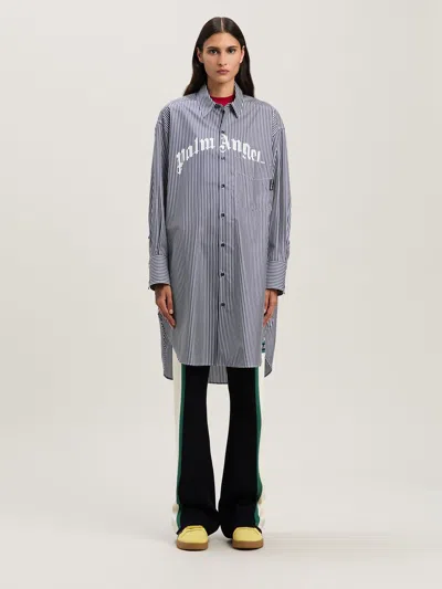 Palm Angels Striped Logo Print Midi Shirt Dress In Navy Blue - Off White