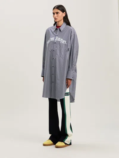 Palm Angels Striped Logo Print Midi Shirt Dress In Navy Blue - Off White