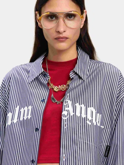 Palm Angels Striped Logo Print Midi Shirt Dress In Navy Blue - Off White