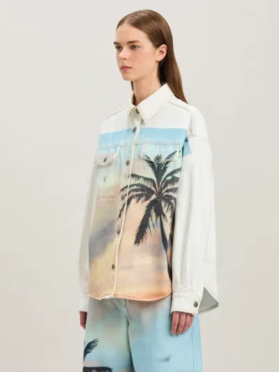 Palm Angels Sunrise Palm Denim Overshirt Off White - In Beige