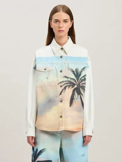 Palm Angels Sunrise Palm Denim Overshirt Off White - In Beige