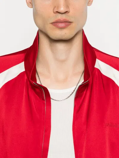Saint Laurent Teddy Jacket With Contrast Panels And High Collar In Red