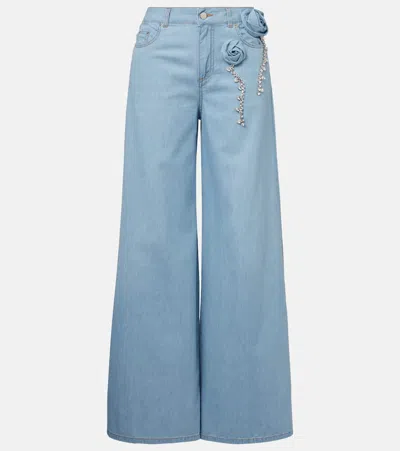 Area Crystal Rosette Wide Leg Jeans In Super Light Blue