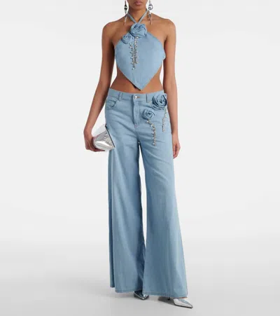 Area Crystal Rosette Wide Leg Jeans In Super Light Blue