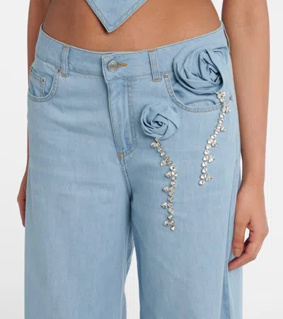 Area Crystal Rosette Wide Leg Jeans In Super Light Blue