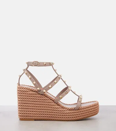 Valentino Garavani Rockstud Ankle Strap Wedge Sandal In Calfskin Leather 95 Mm Woman Skin 41 In Neutral