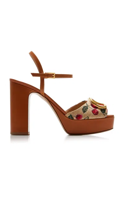 Valentino Garavani Cherry-embroidered Raffia Platform Sandals In Brown