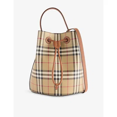 Burberry Check Pattern Canvas Bucket Bag With Top Handle And Leather Trim