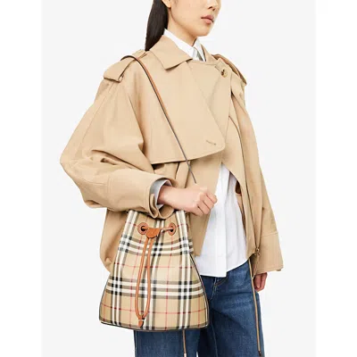 Burberry Check Pattern Canvas Bucket Bag With Top Handle And Leather Trim