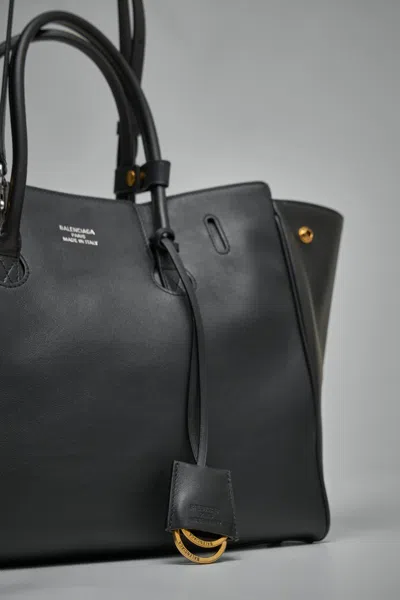 Balenciaga Black Leather Mini Carry All Hampton Shopping Bag In Silver