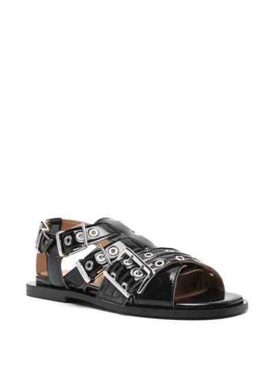 Ganni Buckle Sandals With Flat Sole And Metal Eyelets
