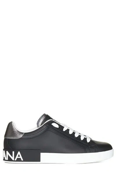 Dolce & Gabbana Portofino Sneakers In Black Leather With Silver Inserts