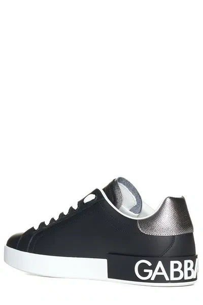 Dolce & Gabbana Portofino Sneakers In Black Leather With Silver Inserts