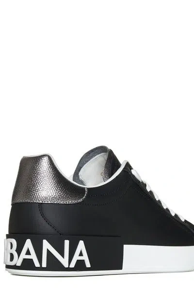 Dolce & Gabbana Portofino Sneakers In Black Leather With Silver Inserts