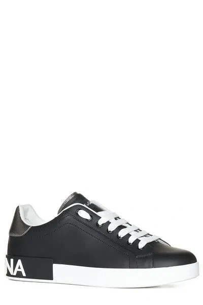 Dolce & Gabbana Portofino Sneakers In Black Leather With Silver Inserts