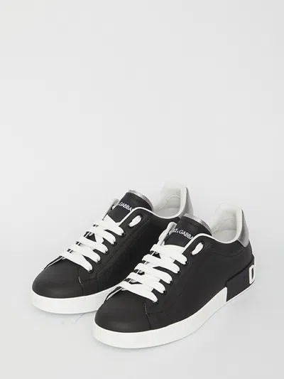 Dolce & Gabbana Portofino Sneakers In Black Leather With Silver Inserts