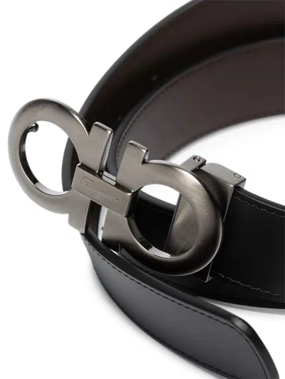 Ferragamo Reversible Belt With Brushed Finish Gancini In Black