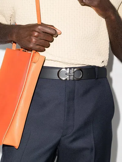 Ferragamo Reversible Belt With Brushed Finish Gancini In Black