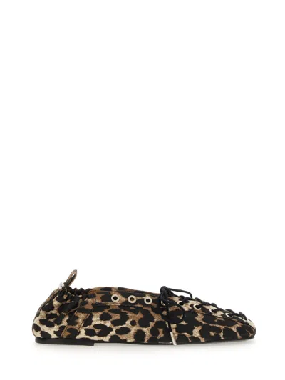 Ganni Brown Lace-up Ballerinas With Metal Eyelets And All-over Print In Fabric Woman