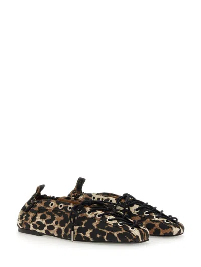 Ganni Brown Lace-up Ballerinas With Metal Eyelets And All-over Print In Fabric Woman