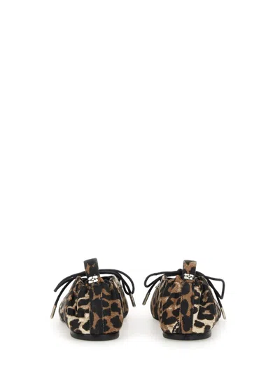 Ganni Brown Lace-up Ballerinas With Metal Eyelets And All-over Print In Fabric Woman
