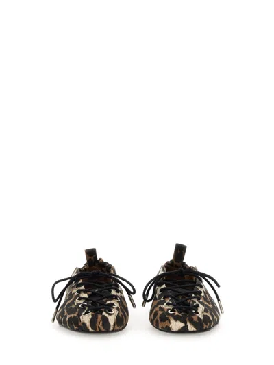 Ganni Brown Lace-up Ballerinas With Metal Eyelets And All-over Print In Fabric Woman