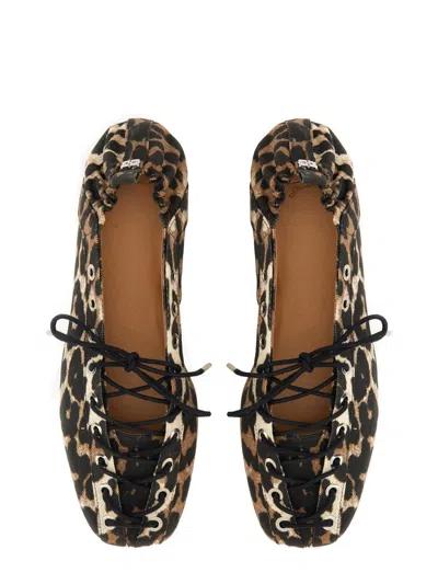 Ganni Brown Lace-up Ballerinas With Metal Eyelets And All-over Print In Fabric Woman