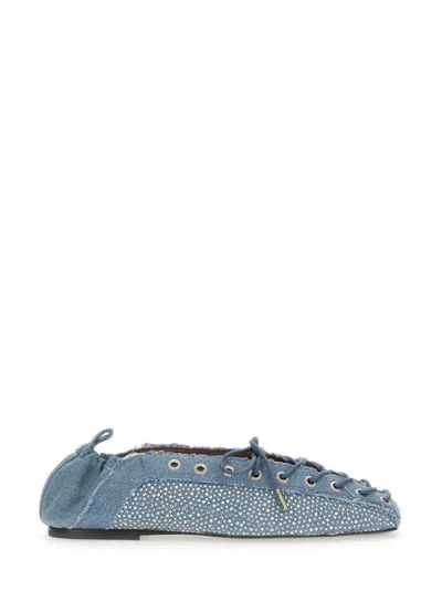 Ganni Crystal-embellished Denim Lace-up Ballerinas