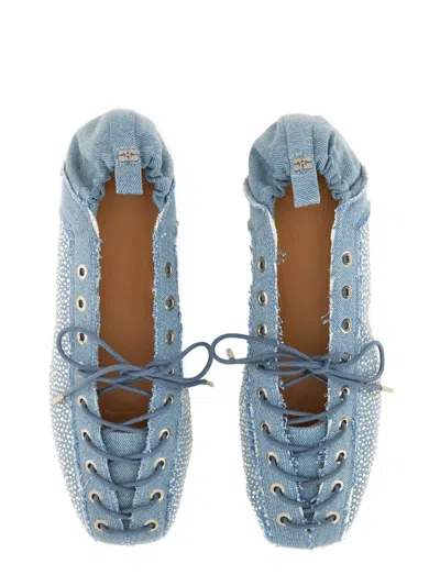 Ganni Crystal-embellished Denim Lace-up Ballerinas