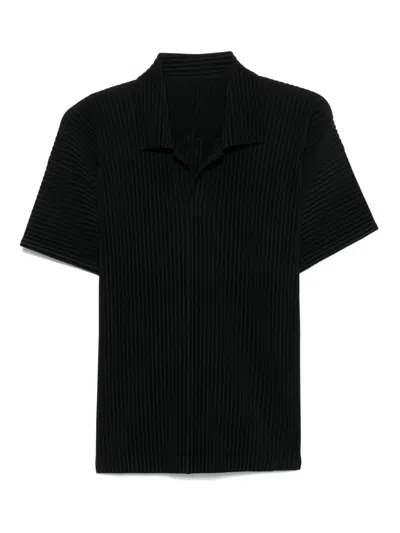 Issey Miyake Pleated Black Polo Shirt With Boxy Silhouette In Blue